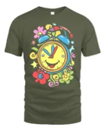 Colorful Happy Alarm Clock T-Shirt Retro Cartoon Tee - military green t-shirt on white background