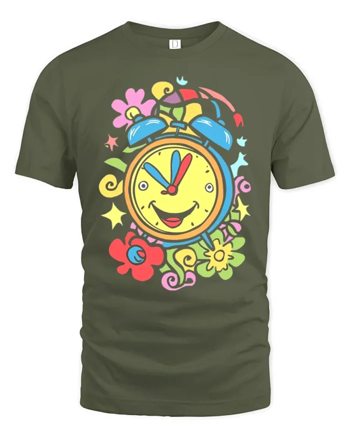 Colorful Happy Alarm Clock T-Shirt Retro Cartoon Tee - military green t-shirt on white background