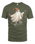 Funny Skater Ghost Halloween T-Shirt Cool Fall Vibes - military green t-shirt on white background