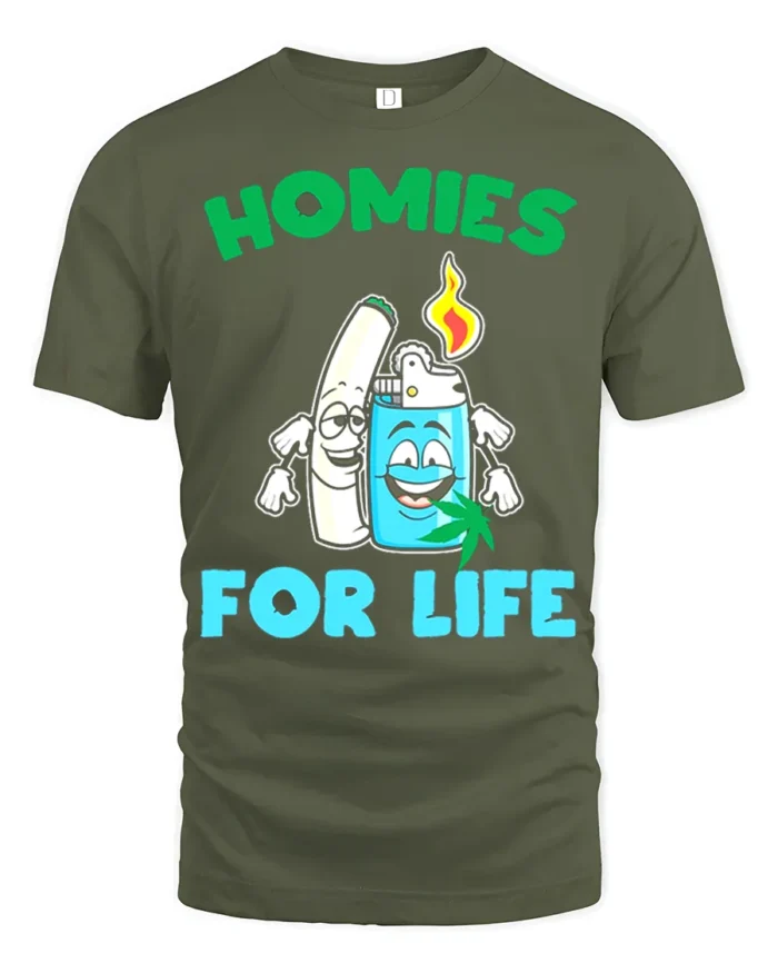 Homies for Life Funny Weed T-Shirt Cartoon Blunt Lighter Tee - military green t-shirt on white background
