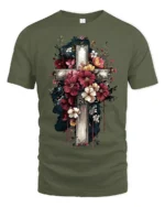 Floral Cross T-Shirt Artistic Faith Design on Soft Tee - military green t-shirt on white background