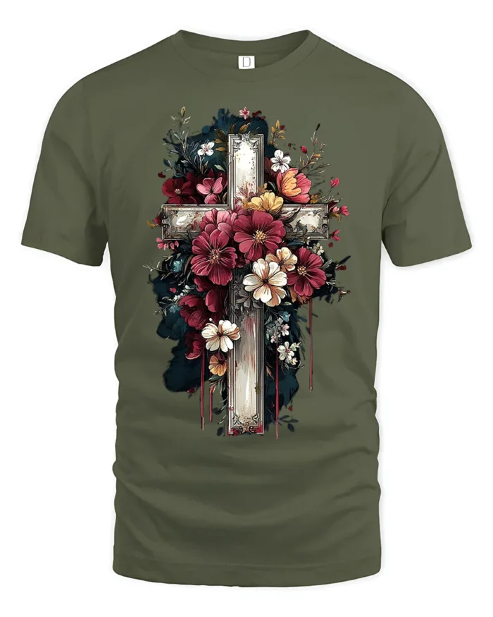 Floral Cross T-Shirt  Artistic Faith Design on Soft Tee - military green t-shirt on white background
