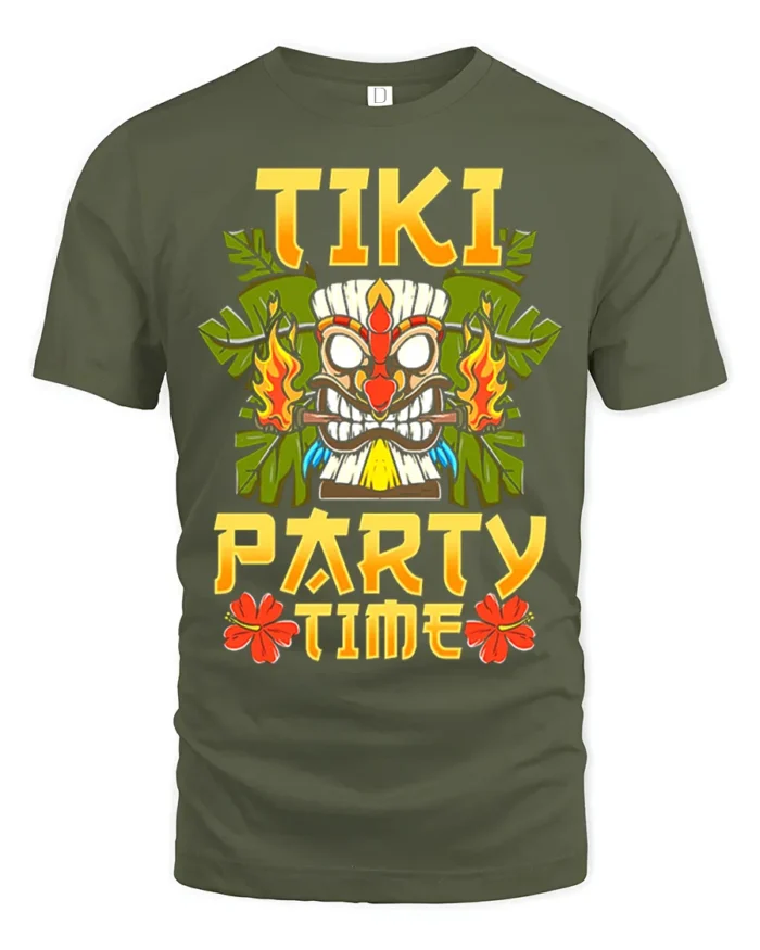 Tiki Party Time T-Shirt Tropical Luau Fun Island Tee - military green t-shirt on white background