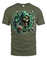 Cyber Reaper Skull T-Shirt Glowing Neon Grim Design - military green t-shirt on white background