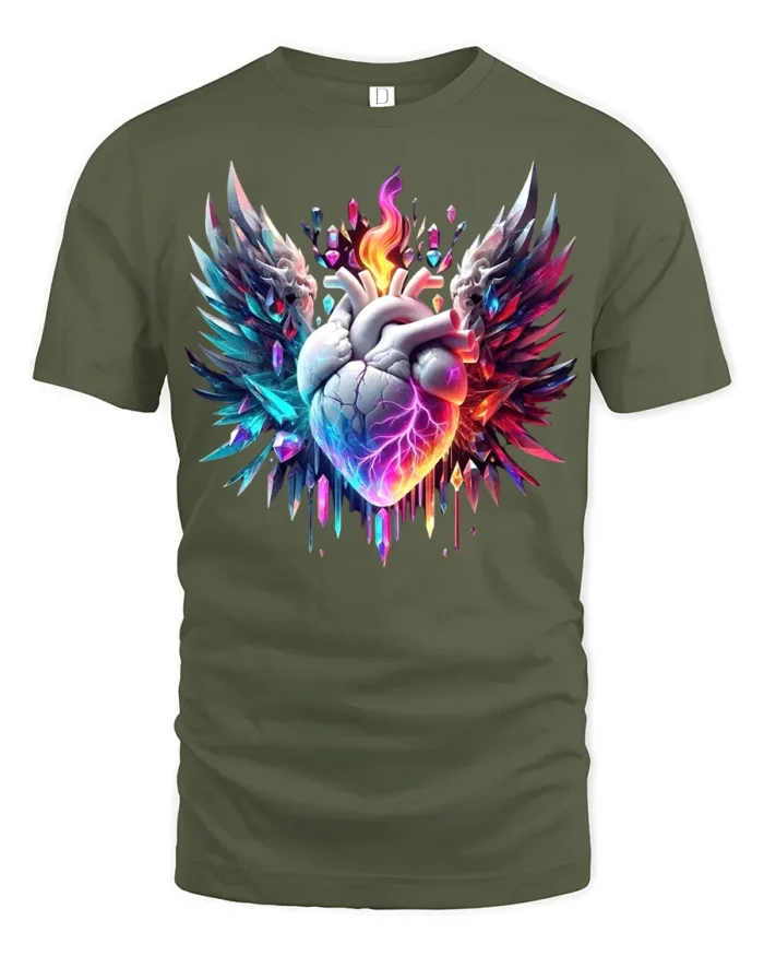 Winged Flaming Heart T-Shirt Crystal Fantasy Tee - military green t-shirt on white background