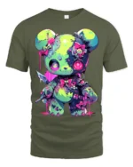 Neon Psycho Teddy Bear T-Shirt Kawaii Horror Style Tee - military green t-shirt on white background