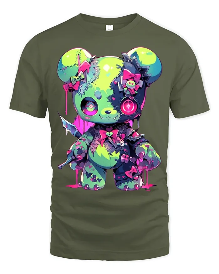 Neon Psycho Teddy Bear T-Shirt Kawaii Horror Style Tee - military green t-shirt on white background
