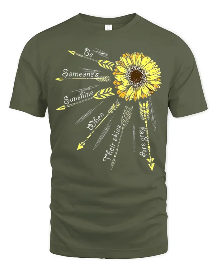 Sunshine Quote T-Shirt with Arrows and Sunflower Art - military green t-shirt on white background