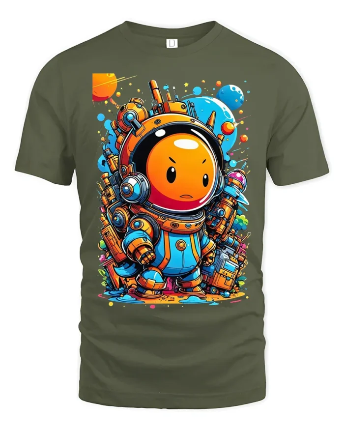 Cute Space Astronaut T-Shirt Colorful Galaxy Cartoon Tee - military green t-shirt on white background