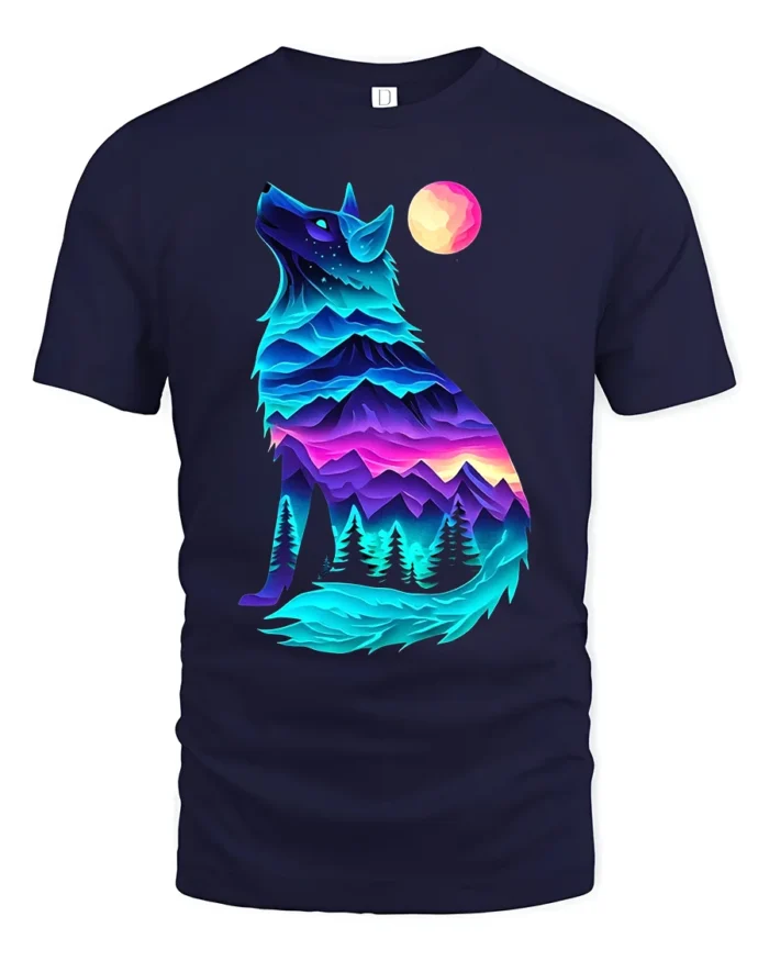 Neon Wolf Landscape Graphic T-Shirt for Nature Lovers - navy t-shirt on white background