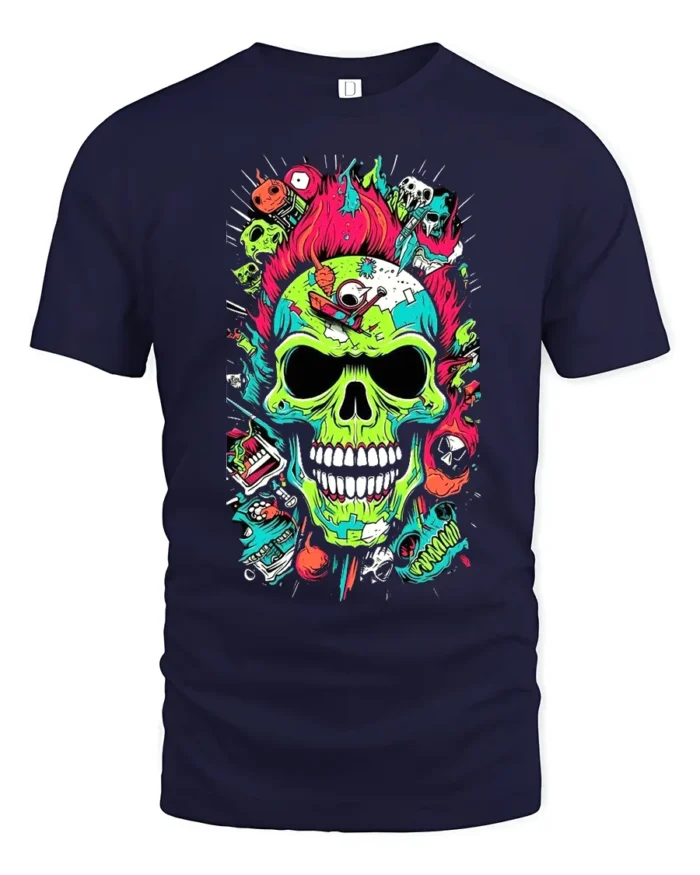 Neon Skull Explosion T-Shirt Colorful Punk Horror Tee - navy t-shirt on white background