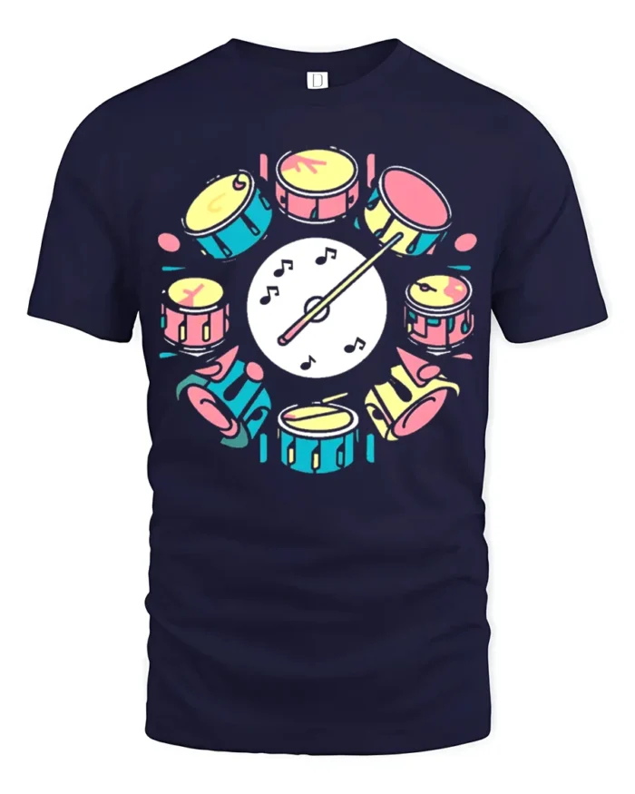 Colorful Drum Set Graphic T-Shirt Musician Gift Tee - navy t-shirt on white background