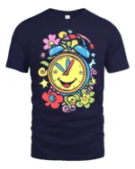 Colorful Happy Alarm Clock T-Shirt Retro Cartoon Tee - navy t-shirt on white background
