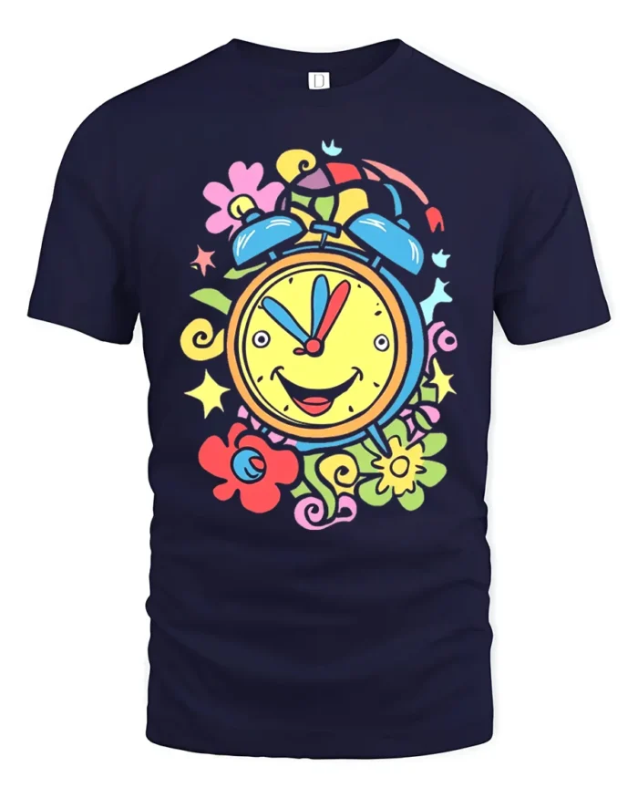 Colorful Happy Alarm Clock T-Shirt Retro Cartoon Tee - navy t-shirt on white background