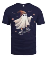 Funny Skater Ghost Halloween T-Shirt Cool Fall Vibes - navy t-shirt on white background