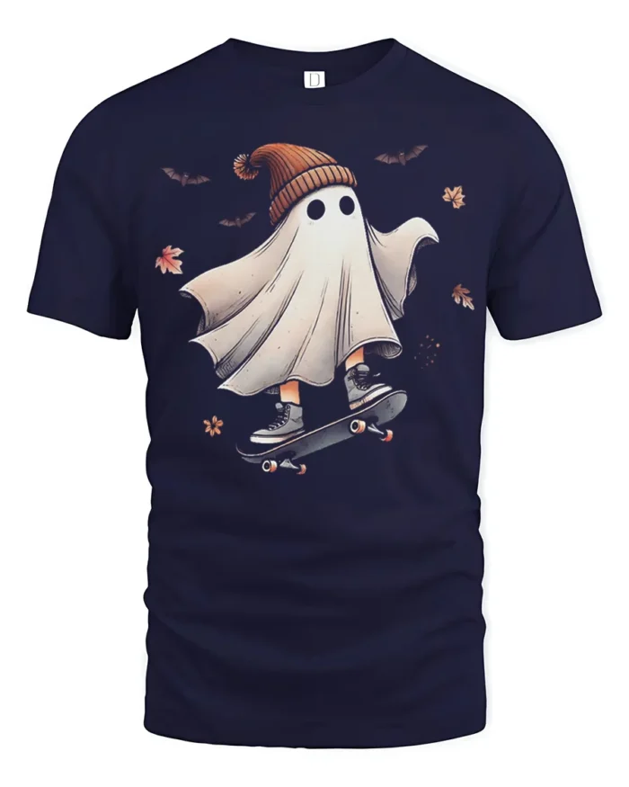 Funny Skater Ghost Halloween T-Shirt Cool Fall Vibes - navy t-shirt on white background