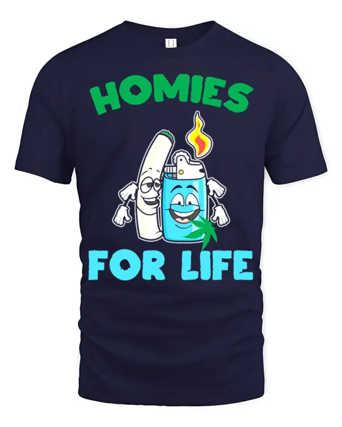 Homies for Life Funny Weed T-Shirt Cartoon Blunt Lighter Tee - navy t-shirt on white background