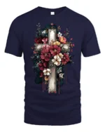 Floral Cross T-Shirt Artistic Faith Design on Soft Tee - navy t-shirt on white background