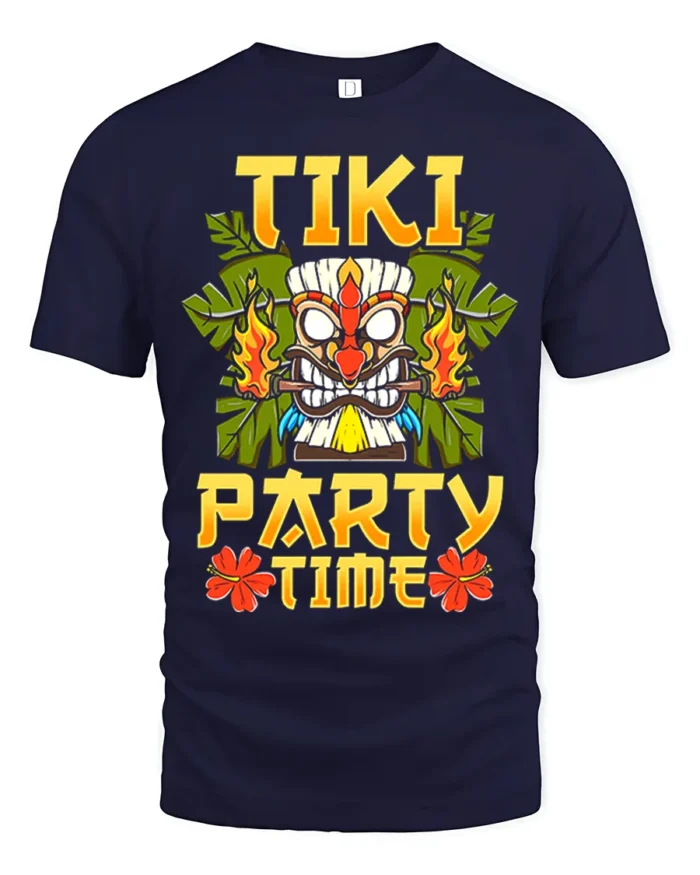 Tiki Party Time T-Shirt Tropical Luau Fun Island Tee - navy t-shirt on white background