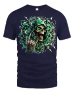 Cyber Reaper Skull T-Shirt Glowing Neon Grim Design - navy t-shirt on white background