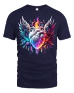 Winged Flaming Heart T-Shirt Crystal Fantasy Tee - navy t-shirt on white background