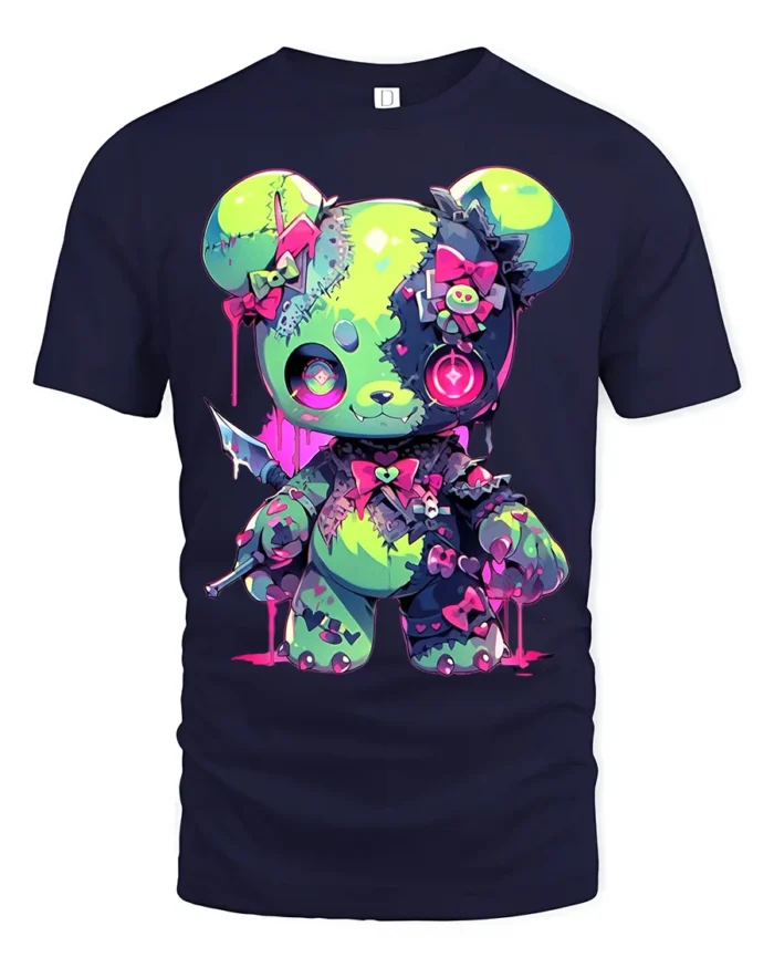 Neon Psycho Teddy Bear T-Shirt Kawaii Horror Style Tee - navy t-shirt on white background