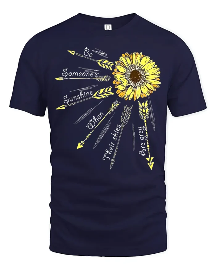 Sunshine Quote T-Shirt with Arrows and Sunflower Art - navy t-shirt on white background
