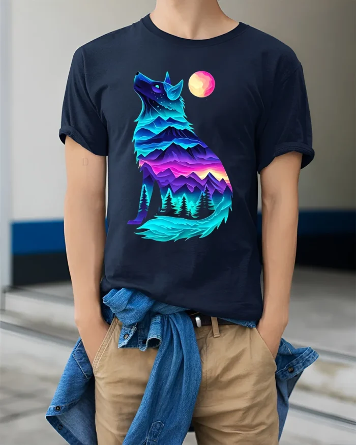 Neon Wolf Landscape Graphic T-Shirt for Nature Lovers - model wearing navy shirt, hands in pockets