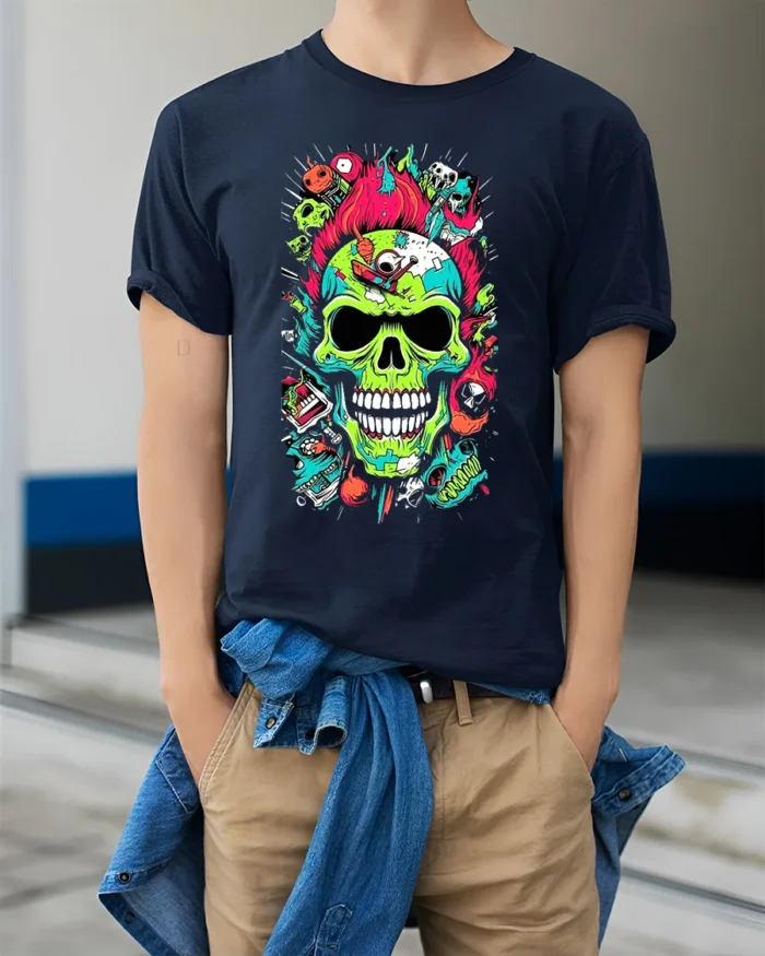 Neon Skull Explosion T-Shirt Colorful Punk Horror Tee - model wearing navy shirt, hands in pockets