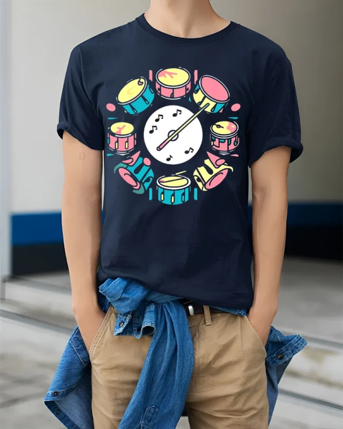 Colorful Drum Set Graphic T-Shirt Musician Gift Tee - model wearing navy shirt, hands in pockets