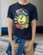 Colorful Happy Alarm Clock T-Shirt Retro Cartoon Tee - model wearing navy shirt, hands in pockets