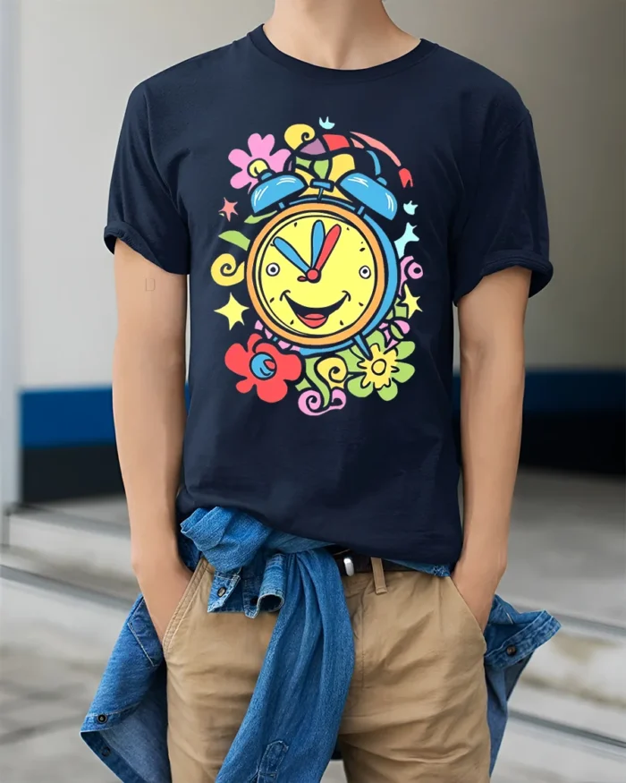 Colorful Happy Alarm Clock T-Shirt Retro Cartoon Tee - model wearing navy shirt, hands in pockets