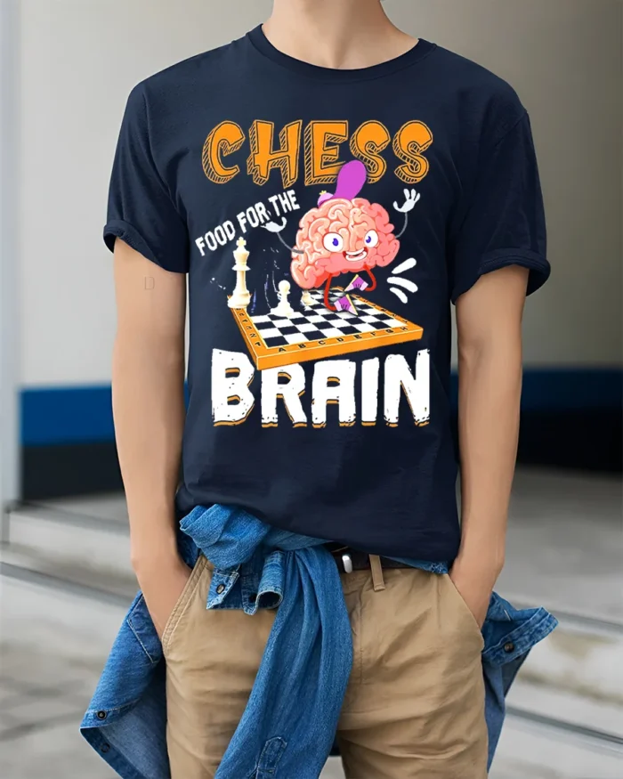 Funny Chess Brain T-Shirt Food for Thought Tee - model wearing navy shirt, hands in pockets