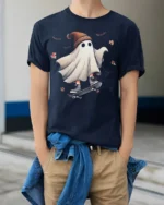 Funny Skater Ghost Halloween T-Shirt Cool Fall Vibes - model wearing navy shirt, hands in pockets