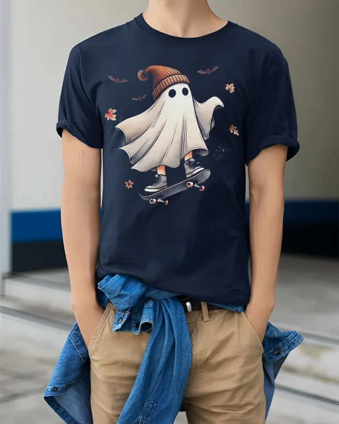 Funny Skater Ghost Halloween T-Shirt Cool Fall Vibes - model wearing navy shirt, hands in pockets