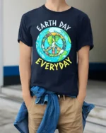 Earth Day Everyday Peace Sign T-Shirt Eco Friendly Tee - model wearing navy shirt, hands in pockets