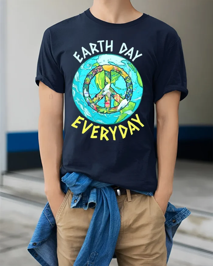 Earth Day Everyday Peace Sign T-Shirt Eco Friendly Tee - model wearing navy shirt, hands in pockets