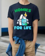 Homies for Life Funny Weed T-Shirt Cartoon Blunt Lighter Tee - model wearing navy shirt, hands in pockets