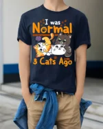 I Was Normal 3 Cats Ago Funny Cat Lover T-Shirt - model wearing navy shirt, hands in pockets