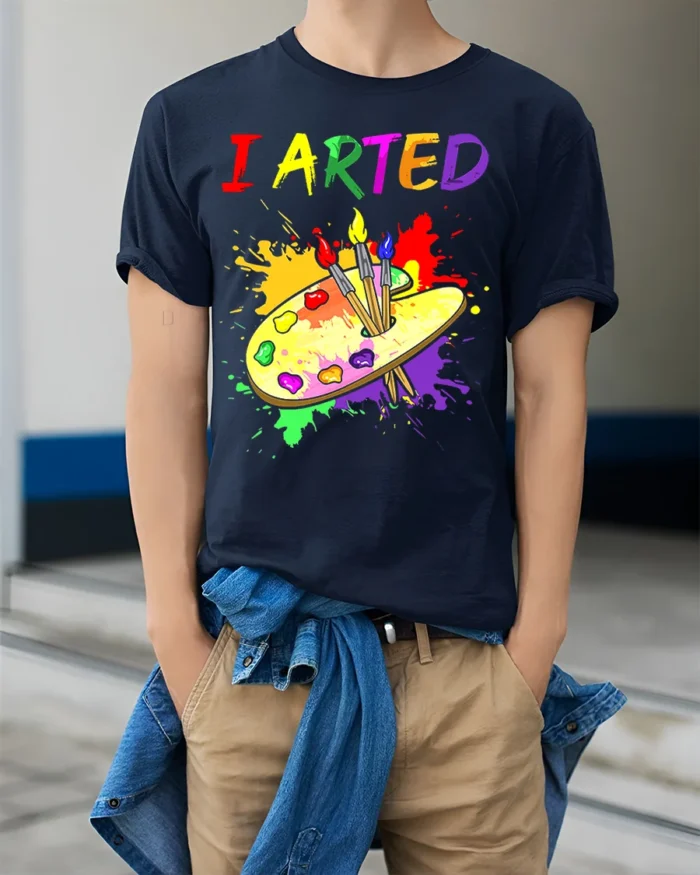 Artistic Humor T-Shirt I ARTED Paint Palette Shirt - model wearing navy shirt, hands in pockets