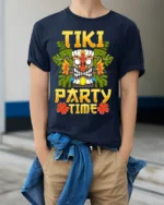 Tiki Party Time T-Shirt Tropical Luau Fun Island Tee - model wearing navy shirt, hands in pockets