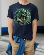 Cyber Reaper Skull T-Shirt Glowing Neon Grim Design - model wearing navy shirt, hands in pockets