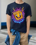 Electric Cheese Toast T-Shirt Funny Cartoon Food Tee - model wearing navy shirt, hands in pockets