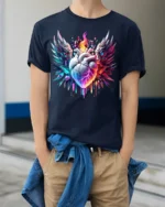Winged Flaming Heart T-Shirt Crystal Fantasy Tee - model wearing navy shirt, hands in pockets