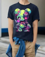 Neon Psycho Teddy Bear T-Shirt Kawaii Horror Style Tee - model wearing navy shirt, hands in pockets