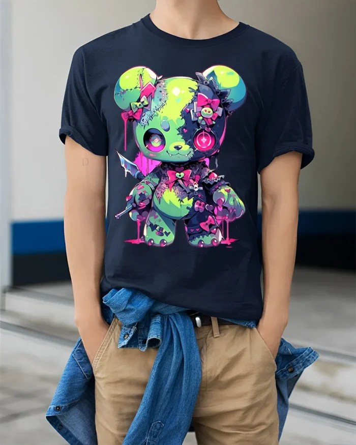 Neon Psycho Teddy Bear T-Shirt Kawaii Horror Style Tee - model wearing navy shirt, hands in pockets