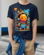 Cute Space Astronaut T-Shirt Colorful Galaxy Cartoon Tee - model wearing navy shirt, hands in pockets
