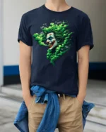 Evil Clown Laugh T-Shirt Haunting Green Smoke Tee - model wearing navy shirt, hands in pockets