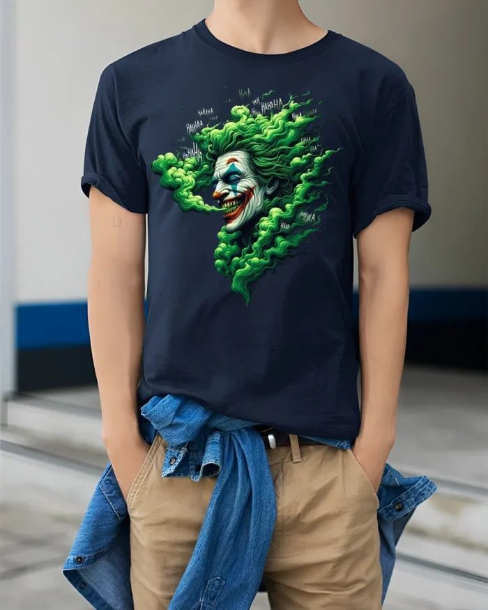 Evil Clown Laugh T-Shirt Haunting Green Smoke Tee - model wearing navy shirt, hands in pockets