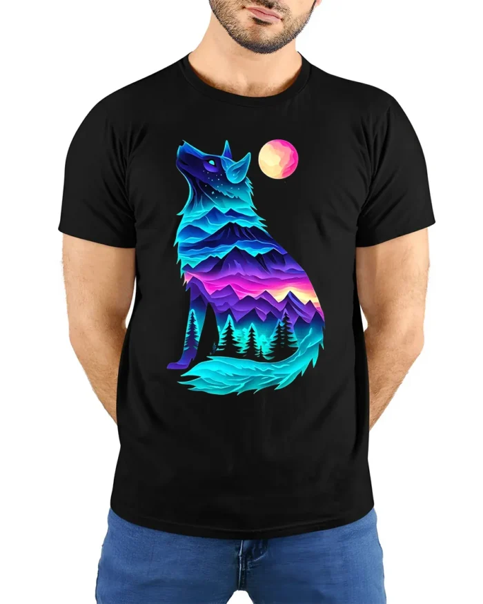 Neon Wolf Landscape Graphic T-Shirt for Nature Lovers - model wearing black shirt, hands behind back